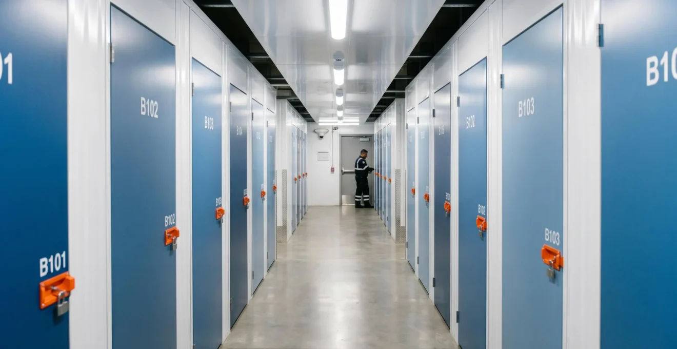 Couloirs illuminés d'un site de self-stockage la nuit avec portes de boxes fermées et éclairage sécurisé LED
